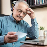 Anxious looking elderly man looking at a paper with a computer next to him